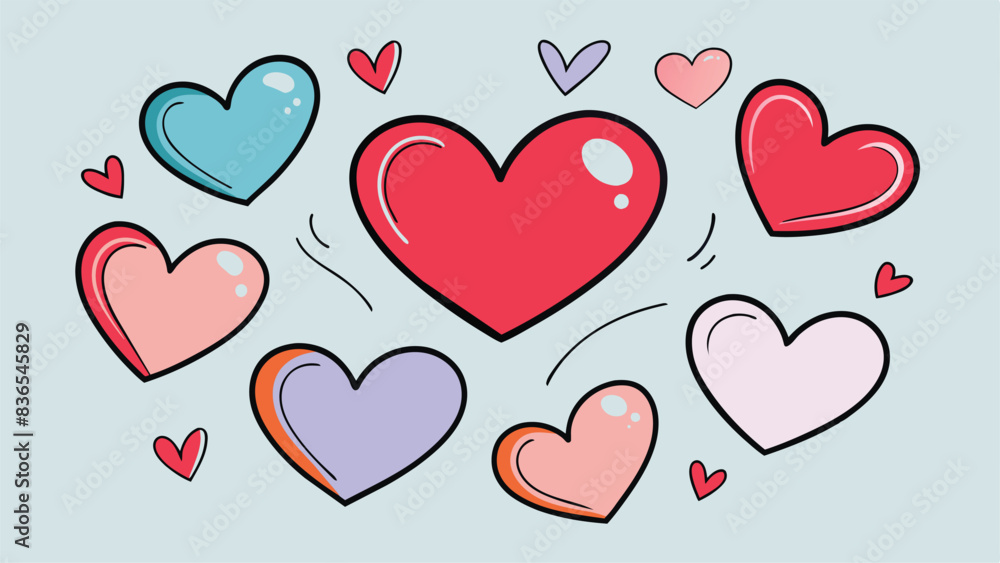 Colorful Collection of heart illustrations, Hand drawn hearts. Doodle Heart  set. Red, Pink, black, white, Romantic hearts, Doodle illustration design