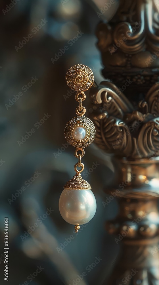 Capture the elegance of a dangling pearl earring from behind, showcasing its luster against a dark, subtle backdrop Focus on the intricate design and soft reflections Capture the elegance of a dangling pearl earring from behind, showcasing its luster against a dark, subtle backdrop Focus on the intricate design and soft reflections