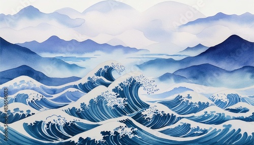 日本画　海　山　和紙　水彩　アナログ　浮世絵　風景　和風　フレーム　背景　イラスト素材