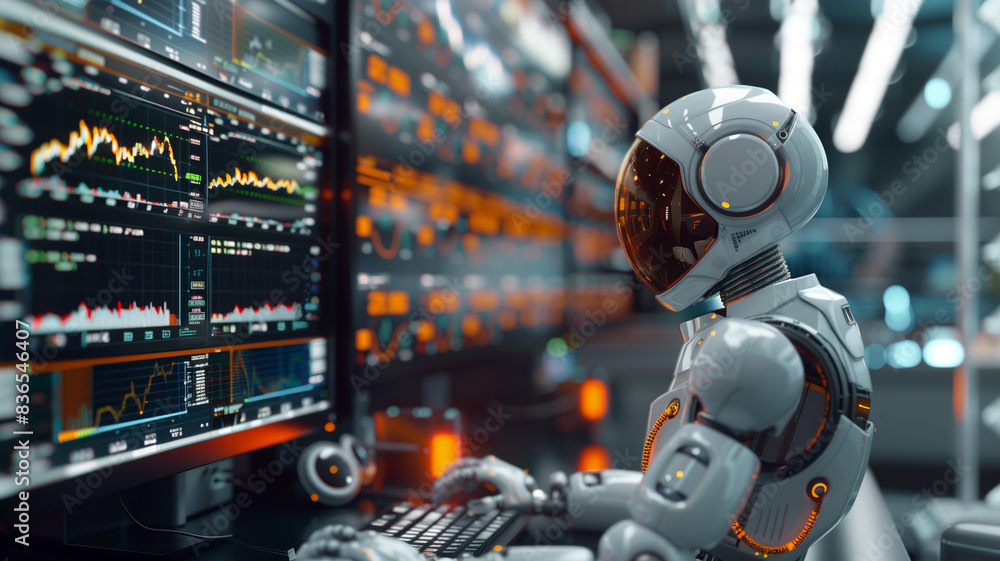 Fototapeta premium Shallow focus to robot trading stock using computer, stock display monitors as background. Concept of collaboration or replacement between artificial intelligence robots and humans.