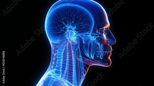 Isometric X-ray concept of head showing pain perception areas in 3D photo