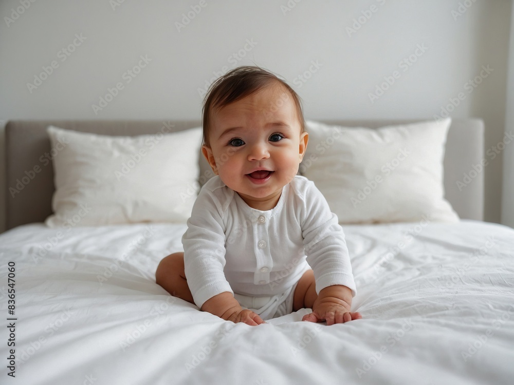 1 Adorable baby boy in white sunny bedroom. Newborn child relaxing in bed. Nursery for young children. 