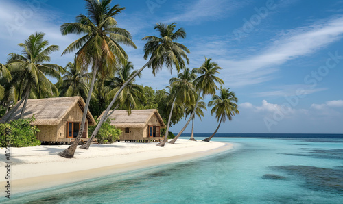 A serene beach scene with palm trees and thatched roof huts overlooking the crystal clear turquoise waters. In front is an island with lush greenery and several overwater huts