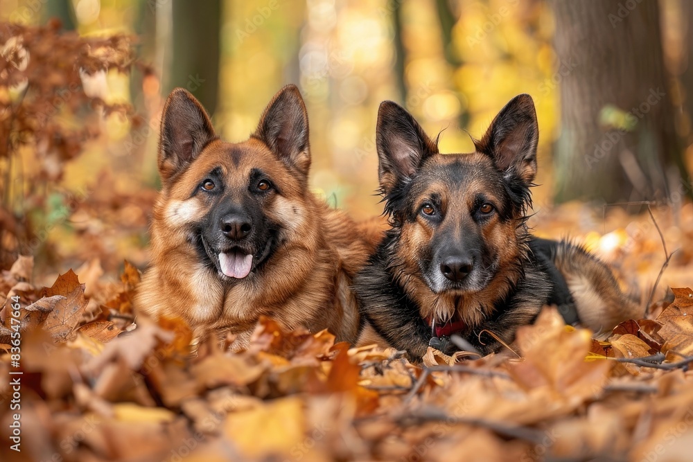 photography of two dogs laying in pile autumn leaves, akita and german shepherd dog smiling to