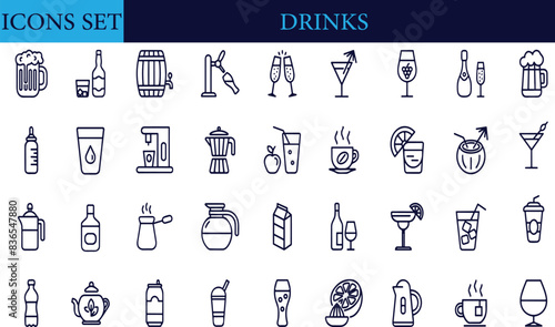 Drinks Line Editable Icons set. Vector illustration in modern thin line style of beverages related icons: beer, wine, cocktail, and more. Pictograms and infographics for mobile apps.