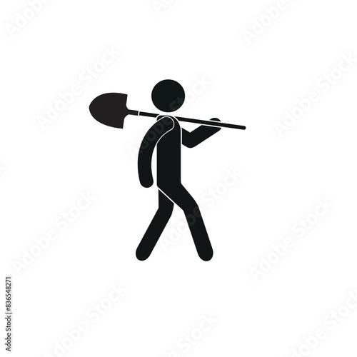 stick man walking, carrying a shovel on his shoulder, figure of a walking man with a shovel, pictogram isolated on a white background