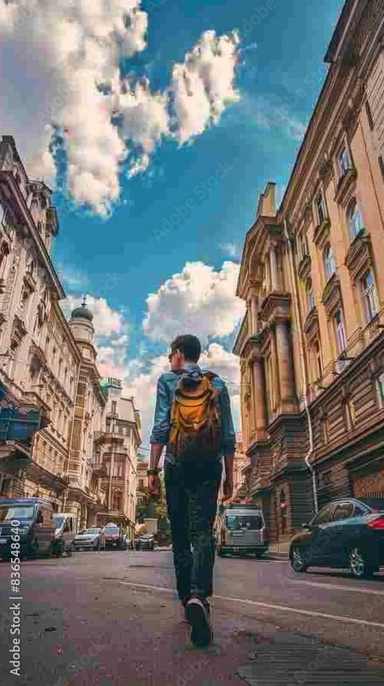 Obraz premium Man walking down a street in a city