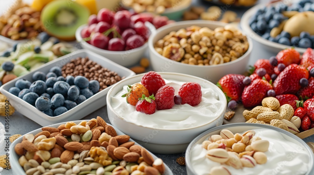 A variety of healthy snacks are arranged in white bowls on a table. The snacks include yogurt with berries, nuts, granola, fruit, and blueberries. A variety of healthy snacks are arranged in white bowls on a table. The snacks include yogurt with berries, nuts, granola, fruit, and blueberries.