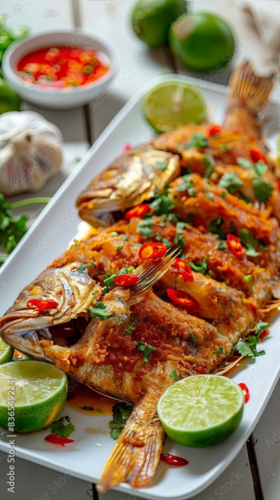 Fried fish with red chili and coriander on a white plate