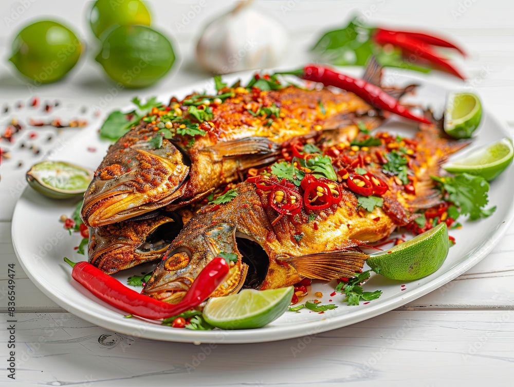 Fried fish with red chili and coriander on a white plate Fried fish with red chili and coriander on a white plate