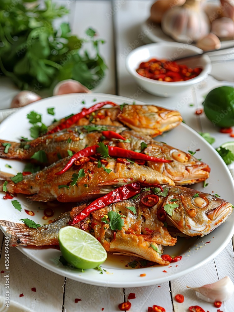 Fried fish with red chili and coriander on a white plate Fried fish with red chili and coriander on a white plate