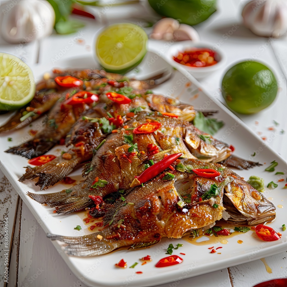 Fried fish with red chili and coriander on a white plate Fried fish with red chili and coriander on a white plate
