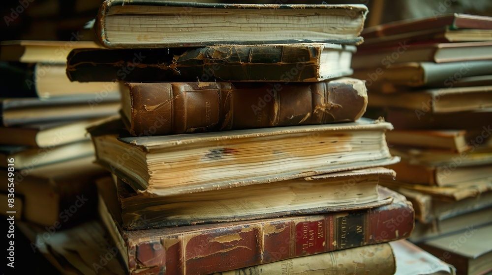 Fototapeta premium A stack of antique books with worn leather covers and yellowed pages arranged haphazardly.