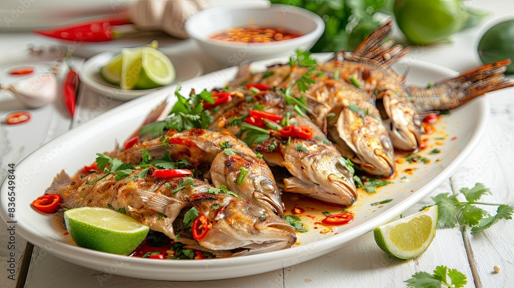 Fried fish with red chili and coriander on a white plate Fried fish with red chili and coriander on a white plate