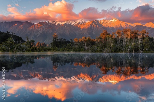 Professional photo of Lake Matheson at sunset, beautiful mountains in the background with clouds and trees in the foreground, orange light on the mountain peaks, © Manzoor