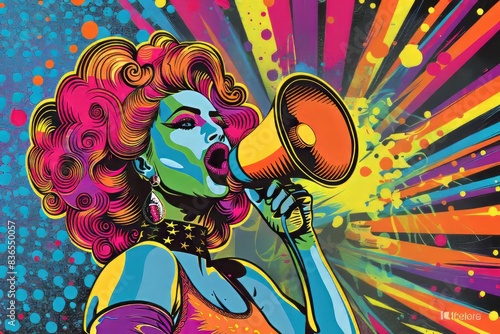 Drag Queen speaking with megaphone pop art retro vector for announcement, information