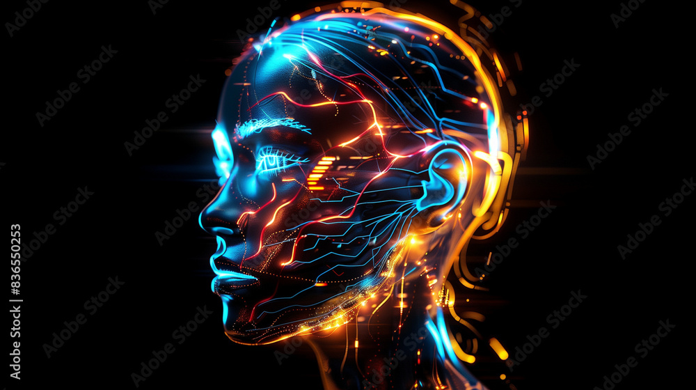 Side view of a humanoid head with blue and yellow eyes and vibrant neon neural network, representing futuristic technology and artificial intelligence.
Side view of a humanoid head with blue and yellow eyes and vibrant neon neural network, representing futuristic technology and artificial intelligence.