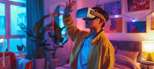 An interior decorator using VR technology to experiment with different lighting options in a virtual room photo
