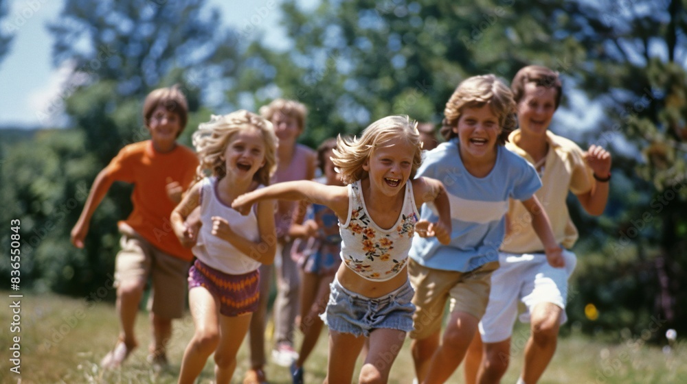 Fototapeta premium Children running and playing in a sunny summer park