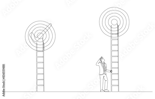 Continuous one line drawing of businessman preparing ladder to reach next target, higher business challenge concept, single line art.