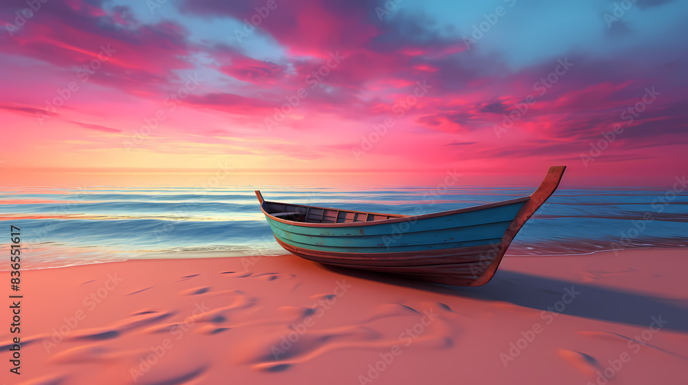 A wooden boat on the beach at sunset A wooden boat on the beach at sunset