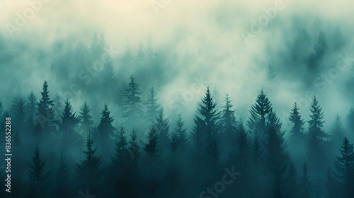 Pine tree in field Photo by: Visual Foggy dog walk Patel Misty river bend, Generative Ai photo