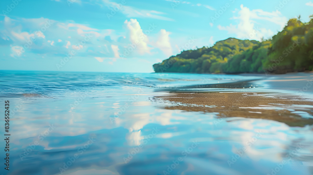 A beautiful beach with a calm ocean and a mountain in the background. The water is calm and the sky is blue A beautiful beach with a calm ocean and a mountain in the background. The water is calm and the sky is blue