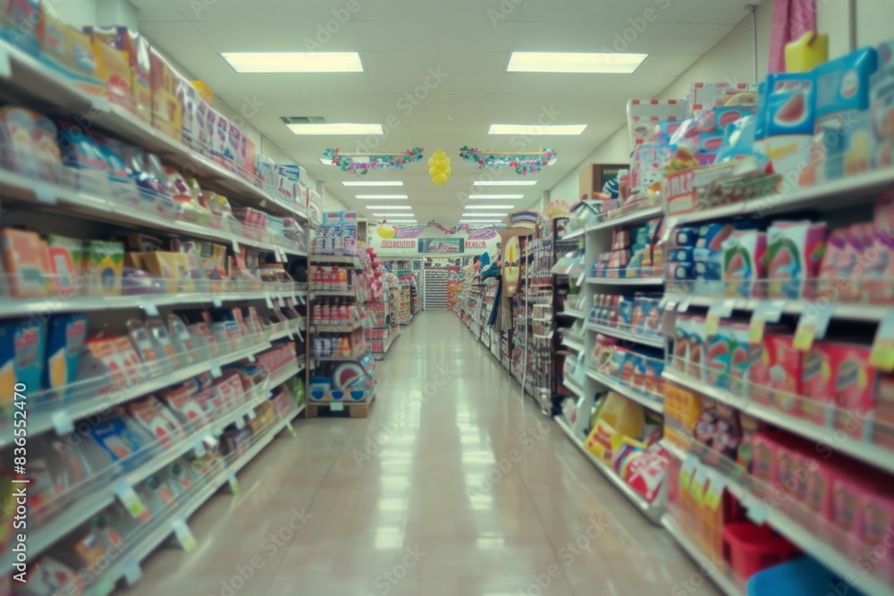 Long aisle of food in a store with lots of shelves Long aisle of food in a store with lots of shelves