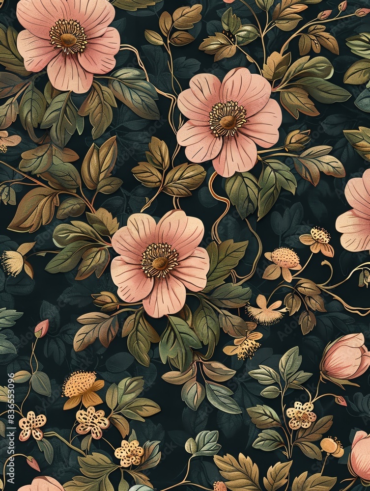 A seamless pattern of Cherry Blossom Pink and Chestnut flowers, leaves and vines on a Fern Green background, as a flat vector illustration drawn in the style of hand drawing, simpl A seamless pattern of Cherry Blossom Pink and Chestnut flowers, leaves and vines on a Fern Green background, as a flat vector illustration drawn in the style of hand drawing, simpl