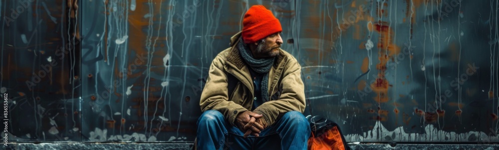 Fototapeta premium Man sitting on a bench with a red hat