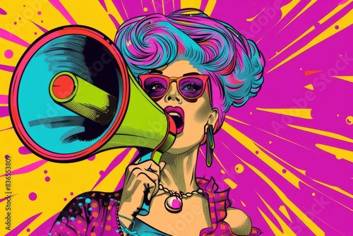 Drag Queen speaking with megaphone pop art retro vector for announcement, information