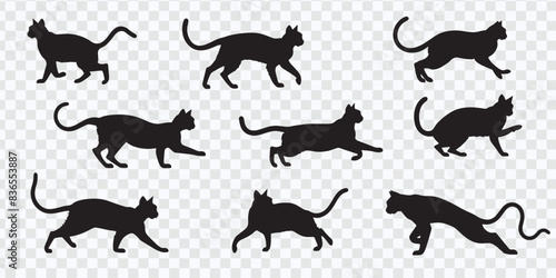 "Dynamic Cat Silhouettes Vector: Various Poses in Black on White Background"