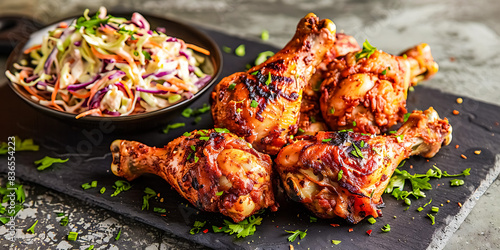 Delicious Grilled Chicken Drumsticks with Fresh Coleslaw on Slate Plate - Perfect for BBQ, Picnic, or Dinner photo
