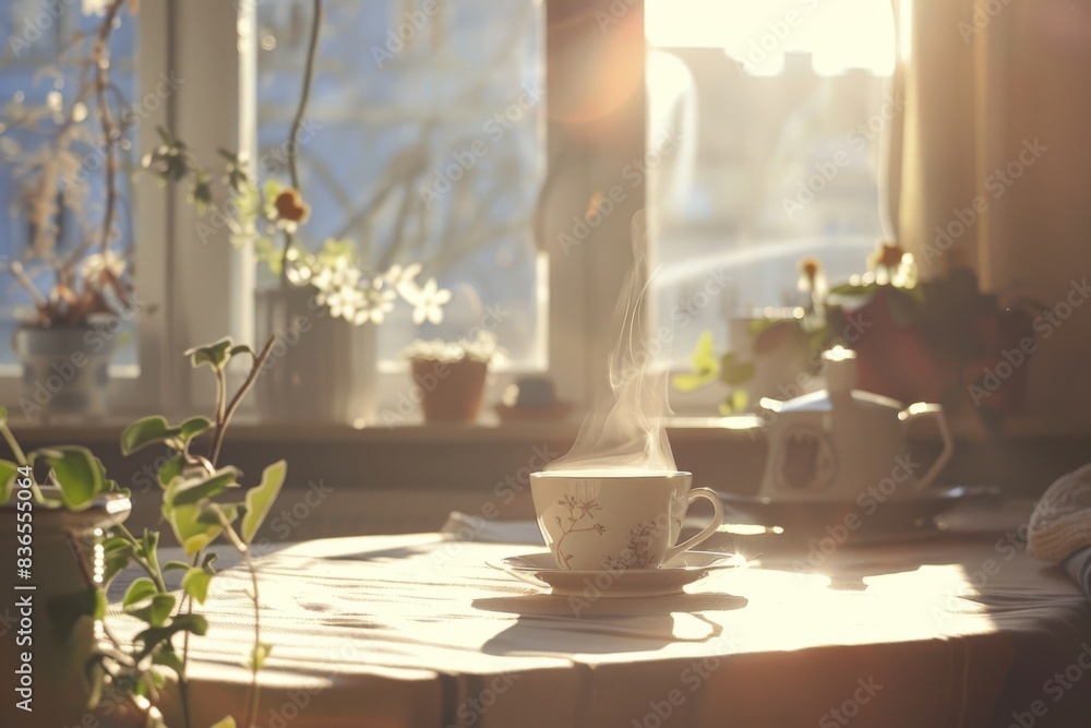 Сup of coffee on a table with a plant Сup of coffee on a table with a plant