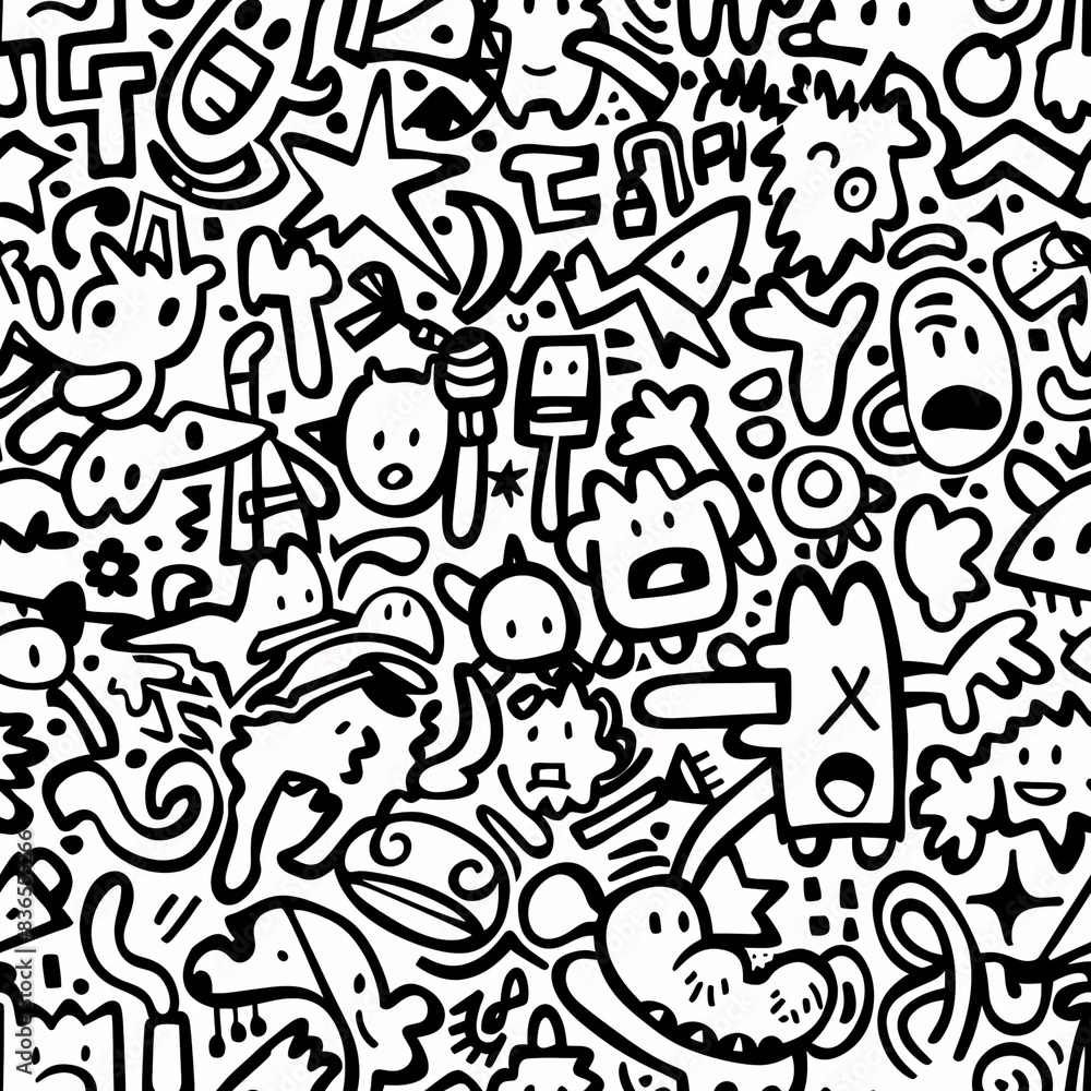 A seamless pattern of playful doodle drawings including arrows, spirals, and quirky characters, harmoniously blended to create an intricate and continuous layout A seamless pattern of playful doodle drawings including arrows, spirals, and quirky characters, harmoniously blended to create an intricate and continuous layout