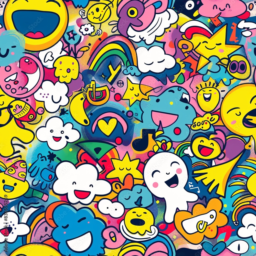 A vibrant seamless pattern with a variety of whimsical doodle drawings such as smiley faces, clouds, and musical notes forming a fun and repetitive design A vibrant seamless pattern with a variety of whimsical doodle drawings such as smiley faces, clouds, and musical notes forming a fun and repetitive design