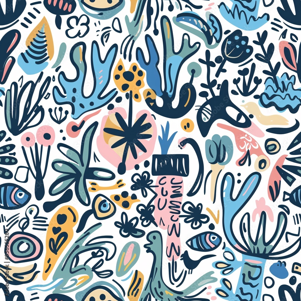 A seamless pattern with a variety of doodle elements including plants, animals, and abstract lines, creating a lively and continuous design A seamless pattern with a variety of doodle elements including plants, animals, and abstract lines, creating a lively and continuous design