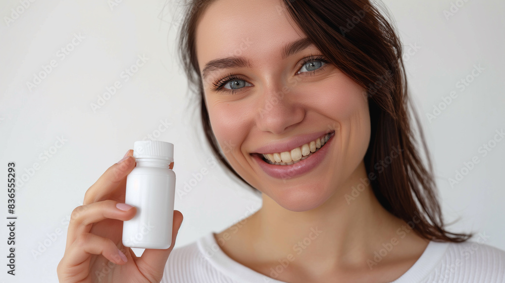 A woman holds a plastic jar. Close-up. Image for advertising A woman holds a plastic jar. Close-up. Image for advertising