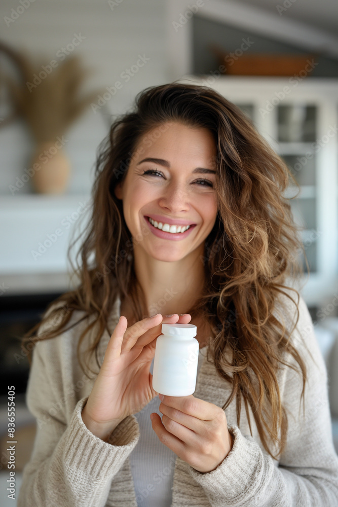 A woman holds a plastic jar. Close-up. Image for advertising A woman holds a plastic jar. Close-up. Image for advertising