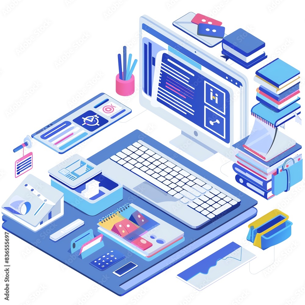 Isometric illustration of a modern workspace with a computer, keyboard, books, and office supplies. Isometric illustration of a modern workspace with a computer, keyboard, books, and office supplies.