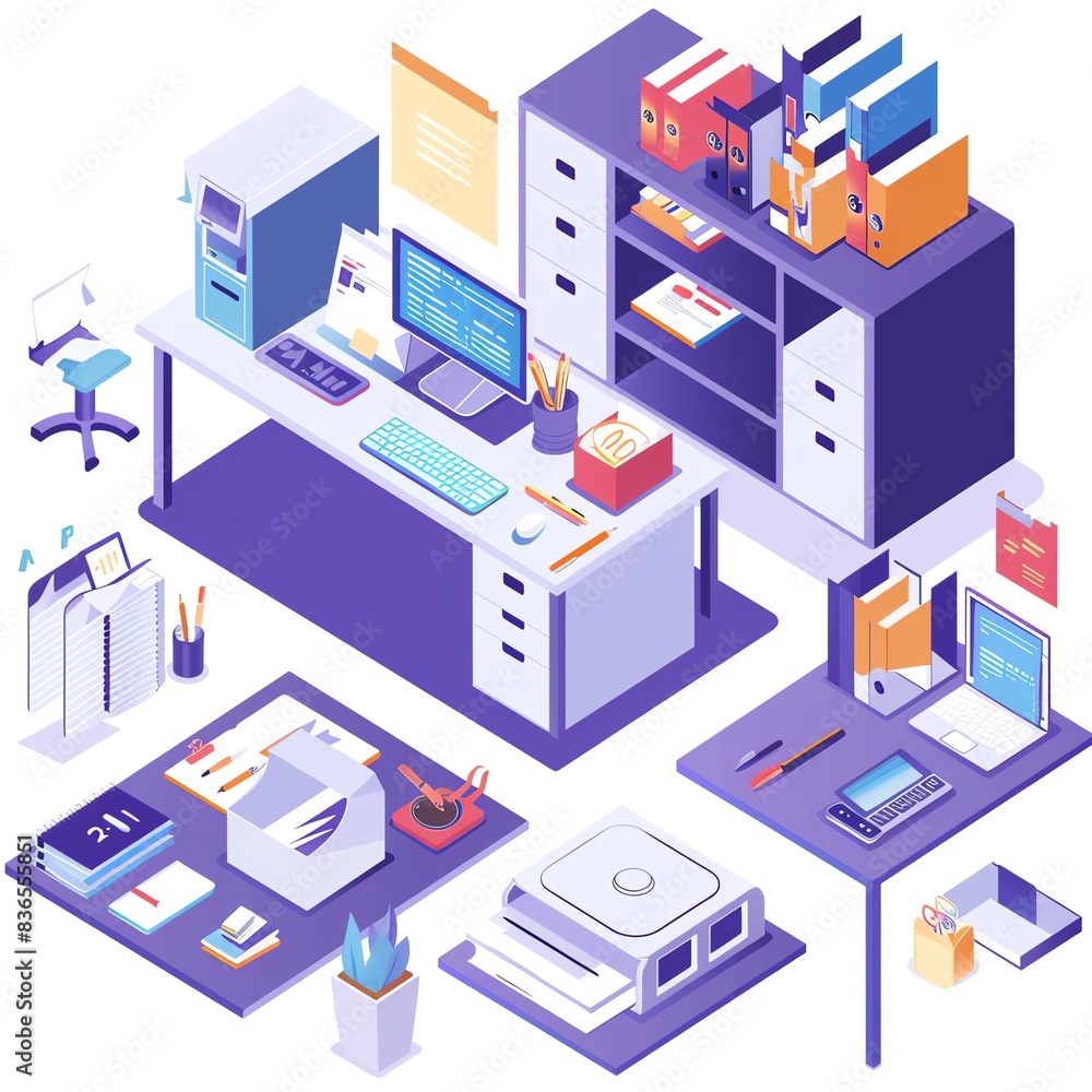 Isometric illustration of a modern office workspace with desk, computer, printer, and office supplies. Isometric illustration of a modern office workspace with desk, computer, printer, and office supplies.
