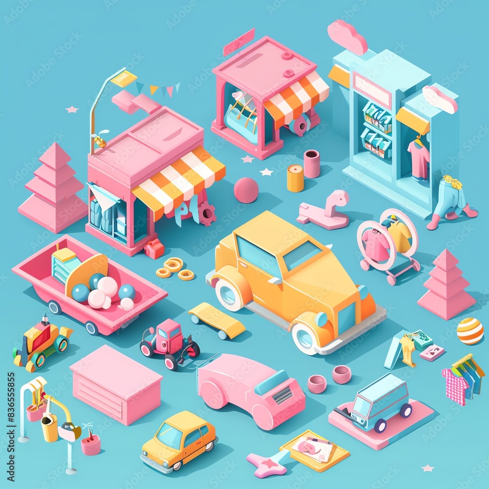 Isometric 3D illustration of a colorful toy town with shops, cars, and other objects. Isometric 3D illustration of a colorful toy town with shops, cars, and other objects.