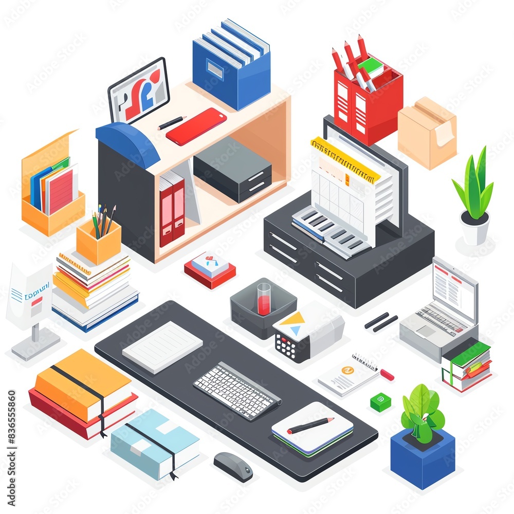 Isometric illustration of a modern office workspace with computer, desk, books and office supplies. Isometric illustration of a modern office workspace with computer, desk, books and office supplies.
