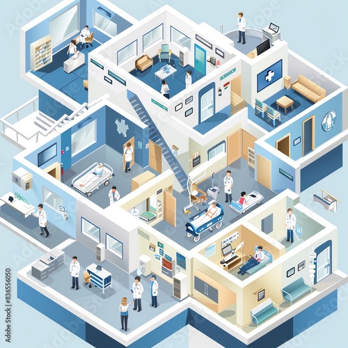 Isometric illustration of a hospital interior with doctors, nurses, patients, and medical equipment. © Sukifli.D