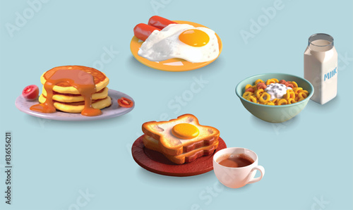 3D breakfast brunch menu food, meals set. Breakfast set: Toaste, Coffee, Fried eggs, Sausage, Pancakes, Milk .Vector illustration isolated