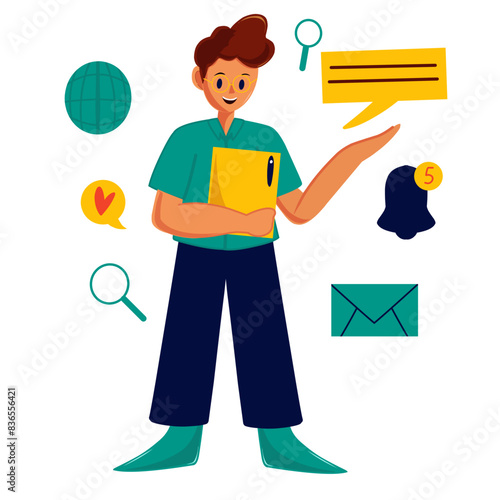 Young Man Holding notebook and Magnifying Glass, Vector Illustration for Education, Learning, and Research