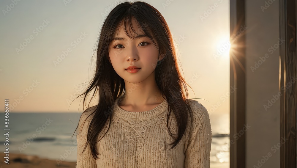Young woman with long hair and knit sweater by the sea at sunset Young woman with long hair and knit sweater by the sea at sunset