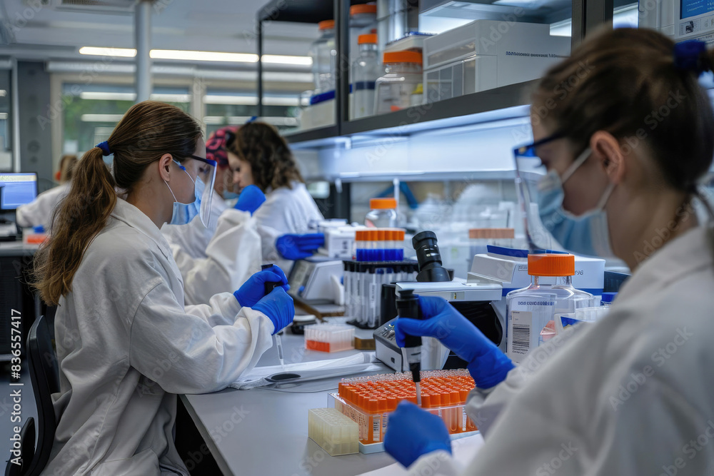 A group of scientists are working in a lab, wearing white lab coats and gloves. They are focused on their work, with one of them holding a test tube. The atmosphere is serious and focused A group of scientists are working in a lab, wearing white lab coats and gloves. They are focused on their work, with one of them holding a test tube. The atmosphere is serious and focused