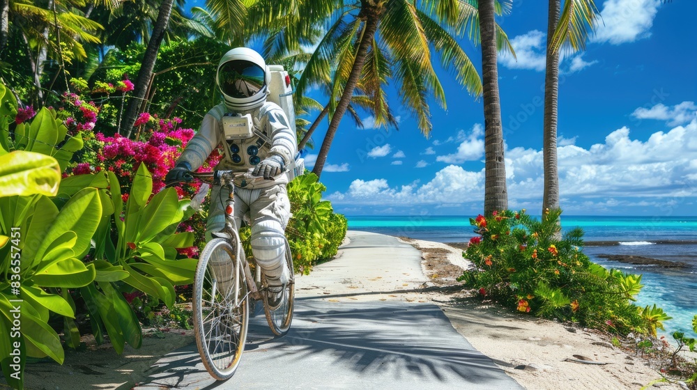Naklejka premium Tropical Adventure - Astronaut in Hawaiian Attire Biking on Beach Path with Palm Trees and Flowers