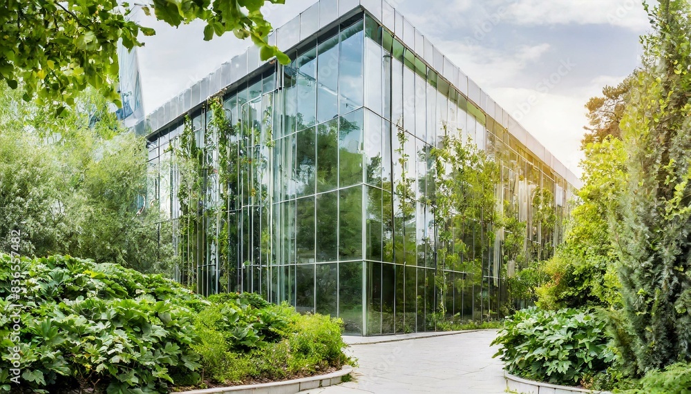 Interior image with a modern glass building with a lot of green plants trees and bushes for business architecture environmental friendly Interior image with a modern glass building with a lot of green plants trees and bushes for business architecture environmental friendly